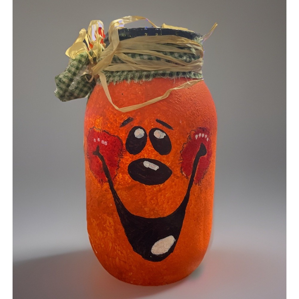 VTG Halloween Pumpkin Glass Handpainted Candle Holder Mason Jar
